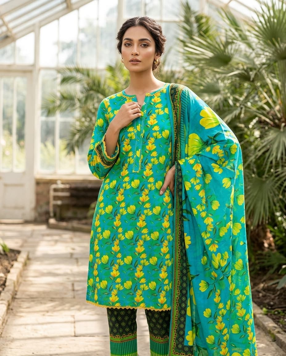 Model in a turquoise floral kurta with deep green printed trousers and a matching dupatta, by an archway.