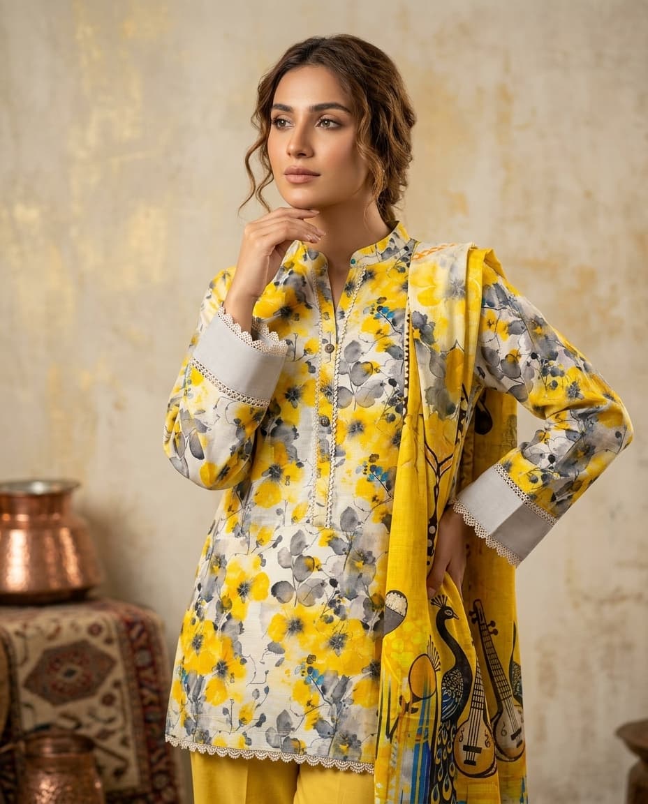 Model in a sunshine-yellow floral kurta with matching trousers and a peacock-print dupatta, in a palace corridor.