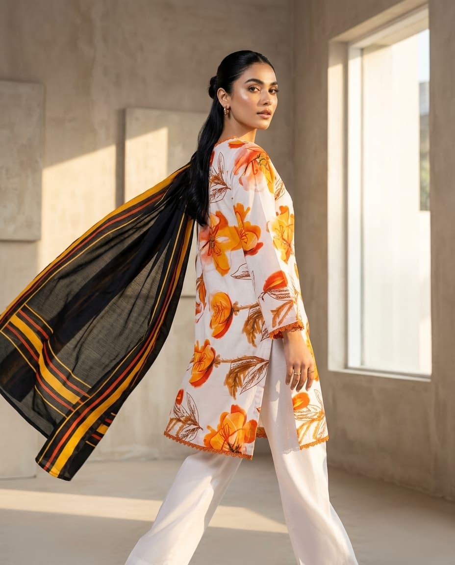 Model in an ivory floral kurta with amber blooms and a black striped dupatta, holding its orange edge.