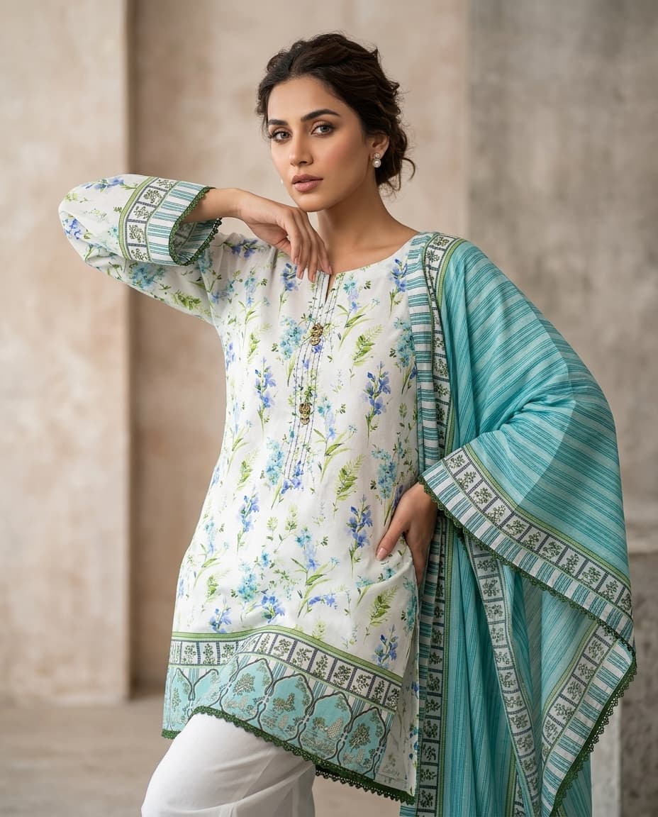 Model in an ivory meadow-print kurta with white trousers and a bold teal striped dupatta, in a courtyard.