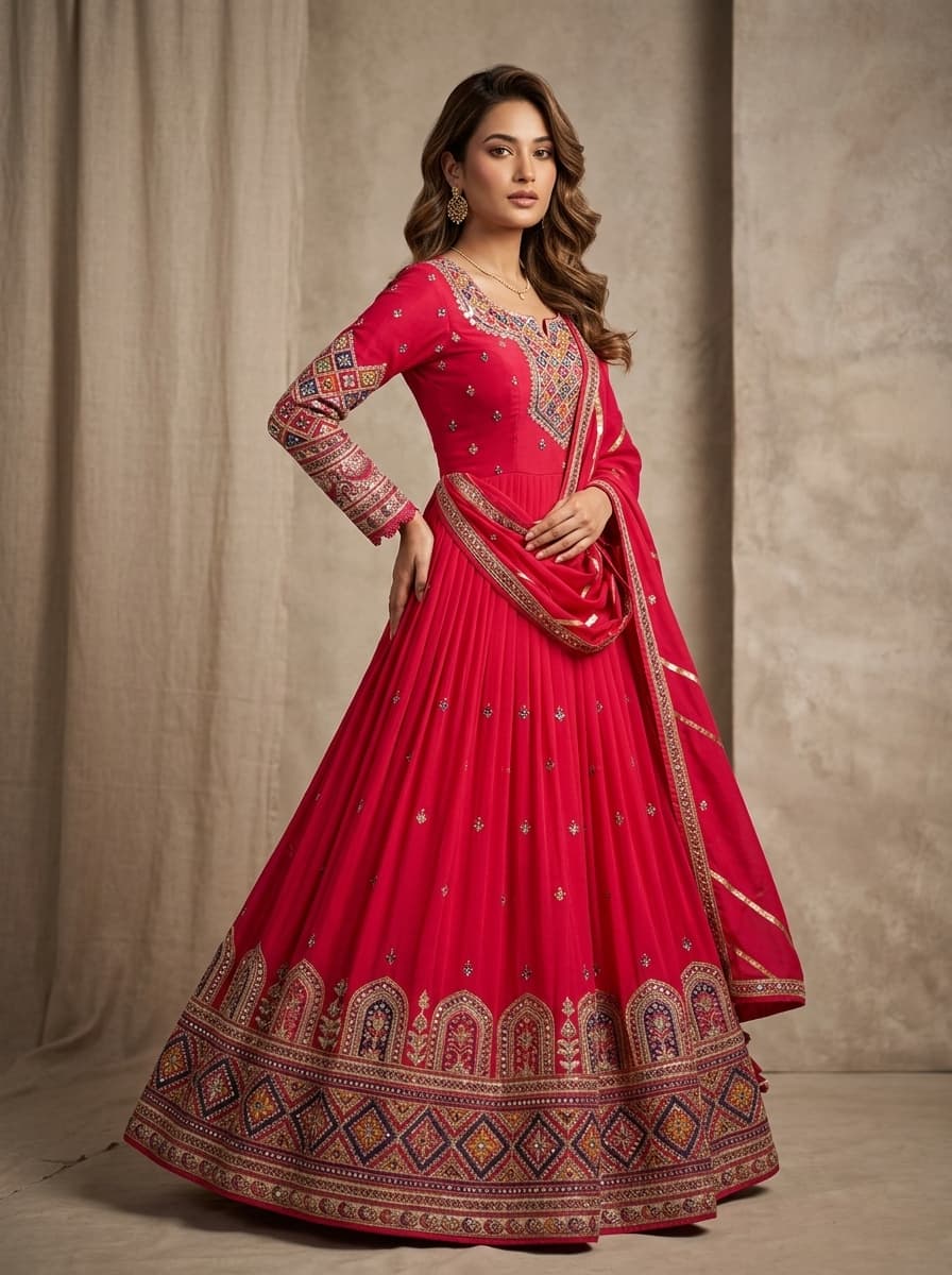 Model in a rani pink anarkali lehenga with a multicolour embroidered yoke, full-length embroidered sleeves and a gold-edged dupatta, against a neutral backdrop.