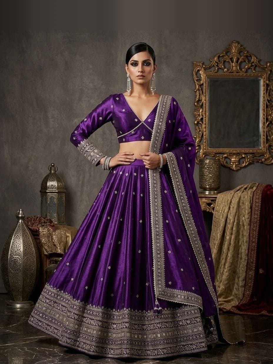 Aubergine Satin Silk Lehenga — Aubergine lehenga with satin silk
