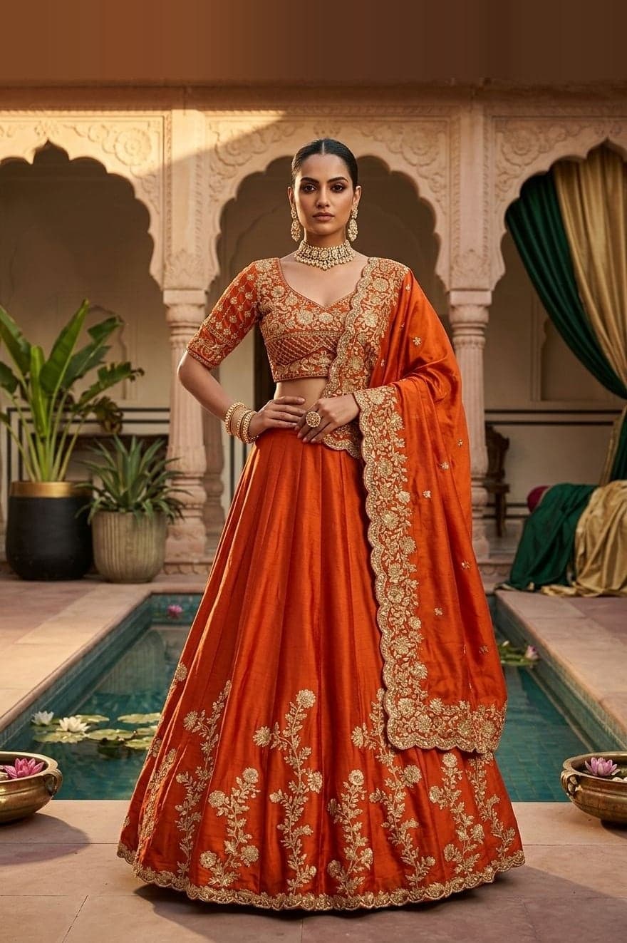 Burnt Orange Gold Work Lehenga — Burnt orange lehenga with silk blend with embroidered net dupatta