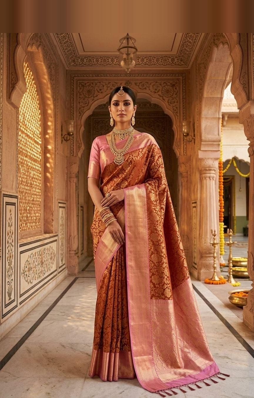 Copper Rose Kanjivaram Silk Saree — Copper & rose pink saree with kanjivaram-style art silk