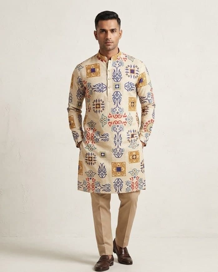Ecru Folk Motif Kurta Set — Ecru lehenga with cotton