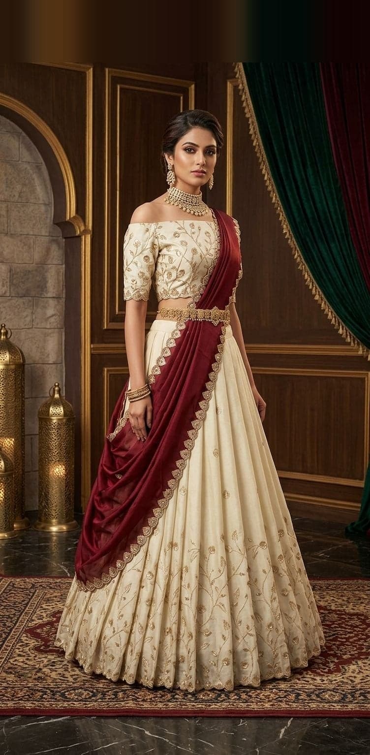 Ivory & Wine Velvet Lehenga — Ivory & wine lehenga with raw silk with velvet dupatta