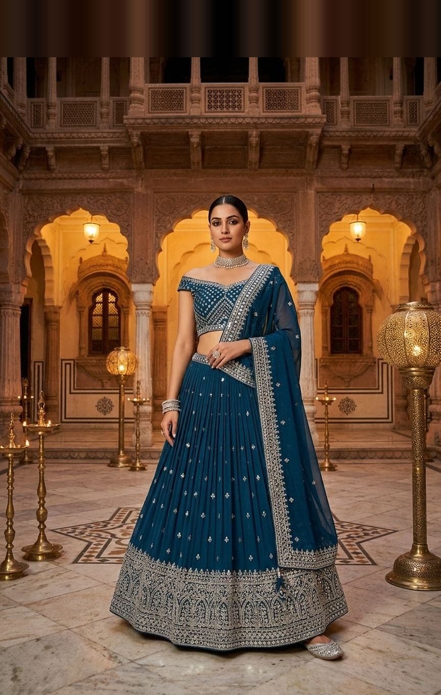 Midnight Teal Sequin Lehenga — Deep teal lehenga with georgette with sequin embellishment