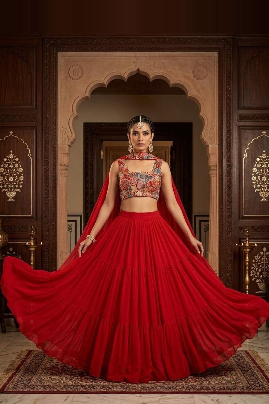 Sindoor Red Ruffle Lehenga — Sindoor red lehenga with georgette with printed and embroidered blouse