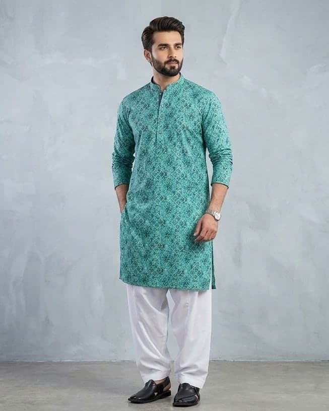 Teal Geometric Print Kurta Pyjama — Deep teal lehenga with cotton blend