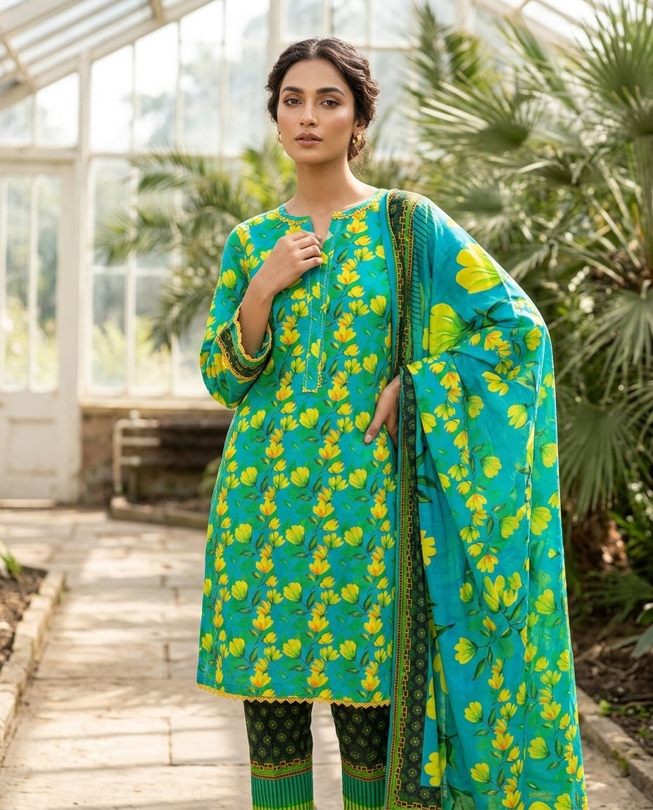 Model in a turquoise floral kurta with deep green printed trousers and a matching dupatta, by an archway.