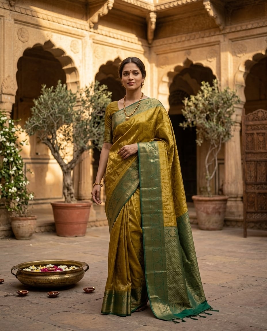 Olive & Emerald Zari Saree — olive & emerald saree with art silk with gold zari