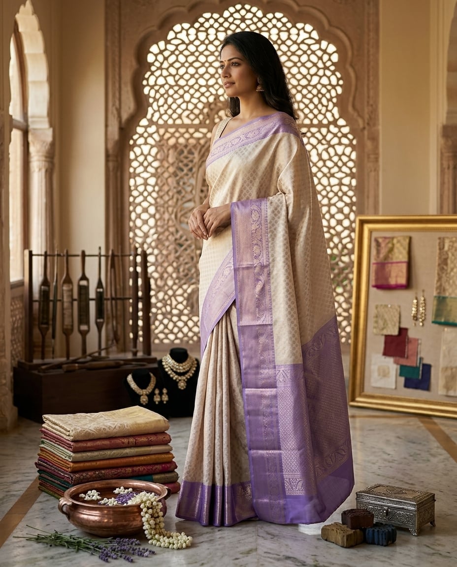 Ivory & Lilac Zari Border Saree — ivory & lilac saree with art silk with self-check