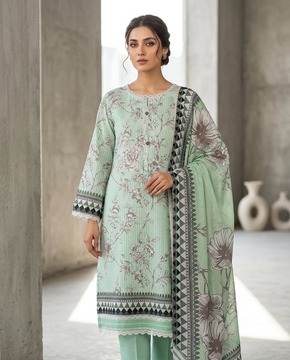 Model in a mint floral kurta with matching trousers and a grey floral dupatta, by a stone arch.