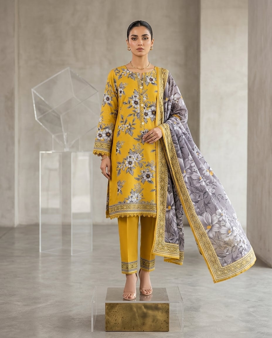 Model in a mustard floral kurta with matching trousers and a dove-grey dupatta, against sandstone.