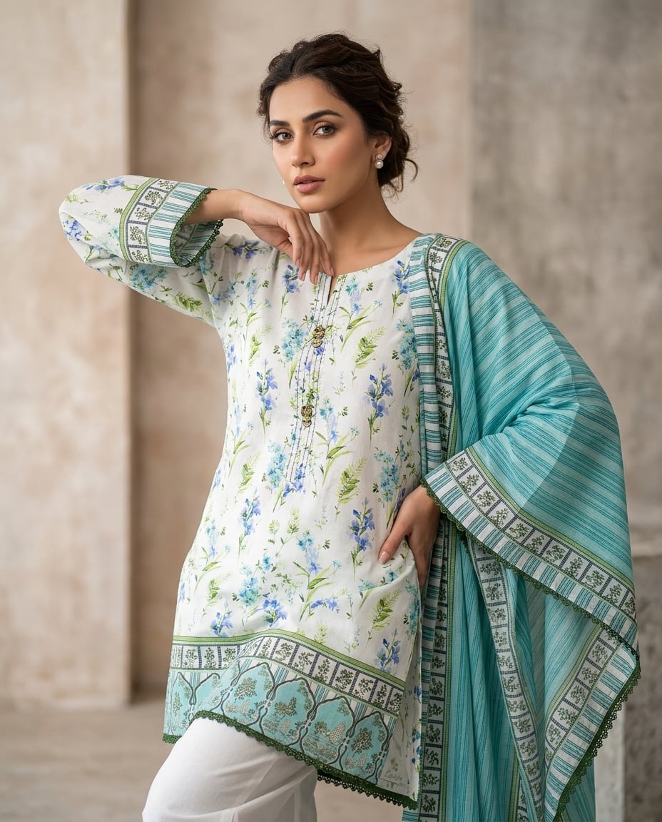 Model in an ivory meadow-print kurta with white trousers and a bold teal striped dupatta, in a courtyard.