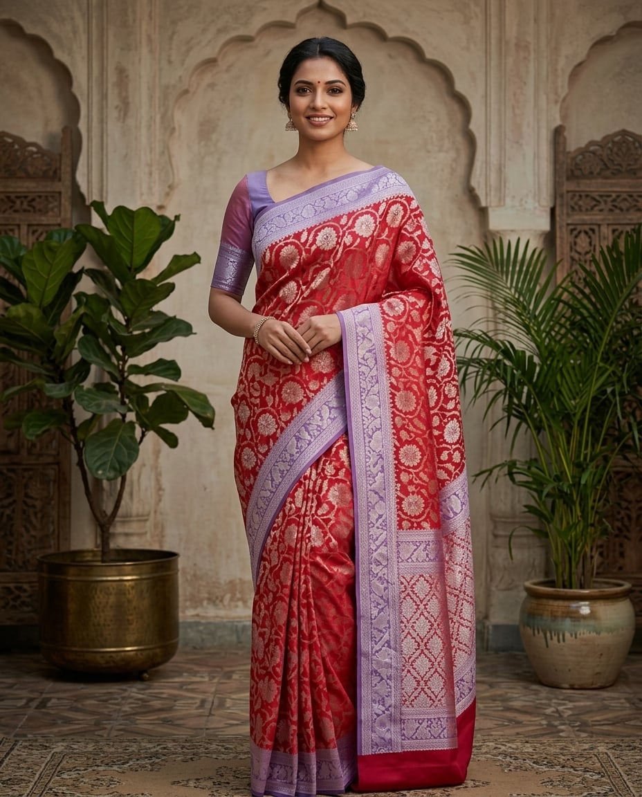 Crimson & Lavender Jaal Silk Saree — crimson red & lavender saree with banarasi-style art silk