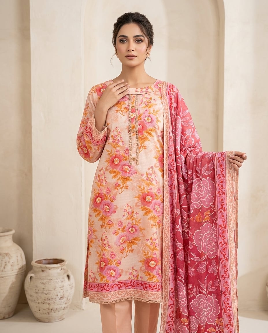 Model in a peach floral kurta with rose-pink trousers and a rose-print dupatta, in soft light.