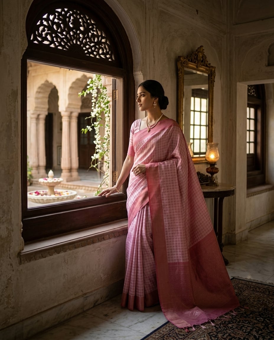 Dusty Rose Check Silk Saree — dusty rose saree with art silk with woven check