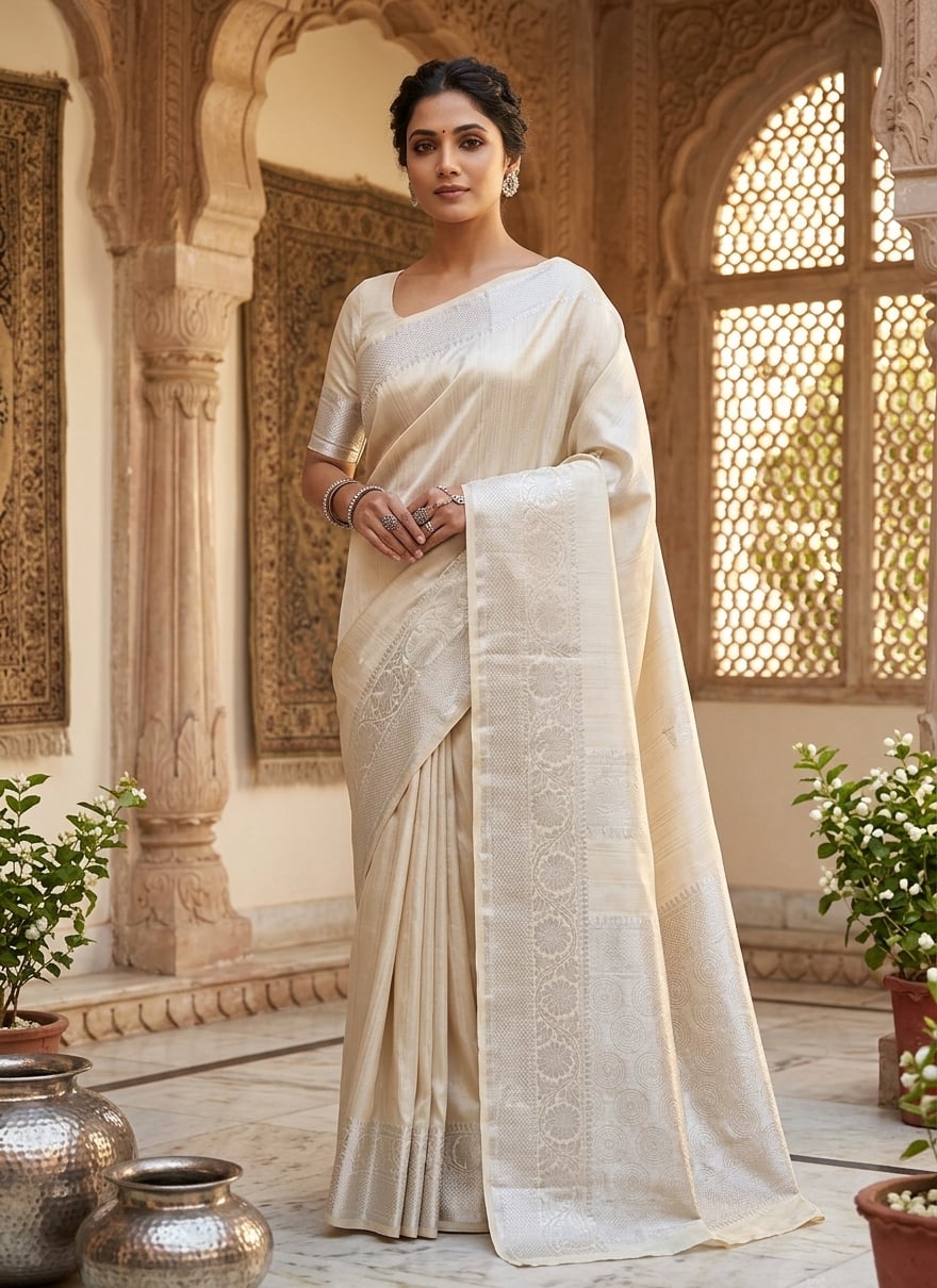 Ivory Silver Zari Saree — ivory & silver saree with tissue silk with silver zari