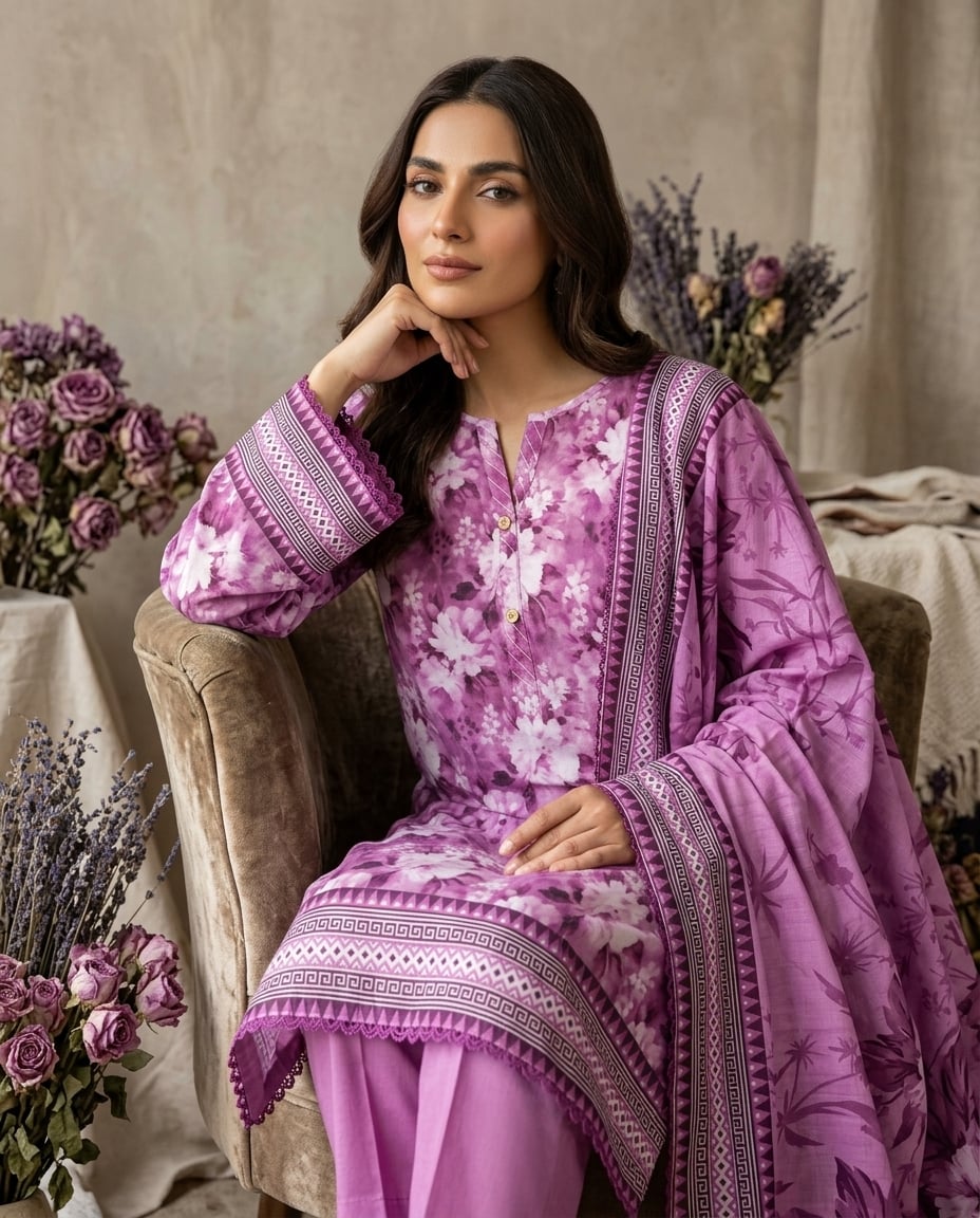 Model in a lilac floral kurta with pink trousers and a geometric-print dupatta, against a carved wall.
