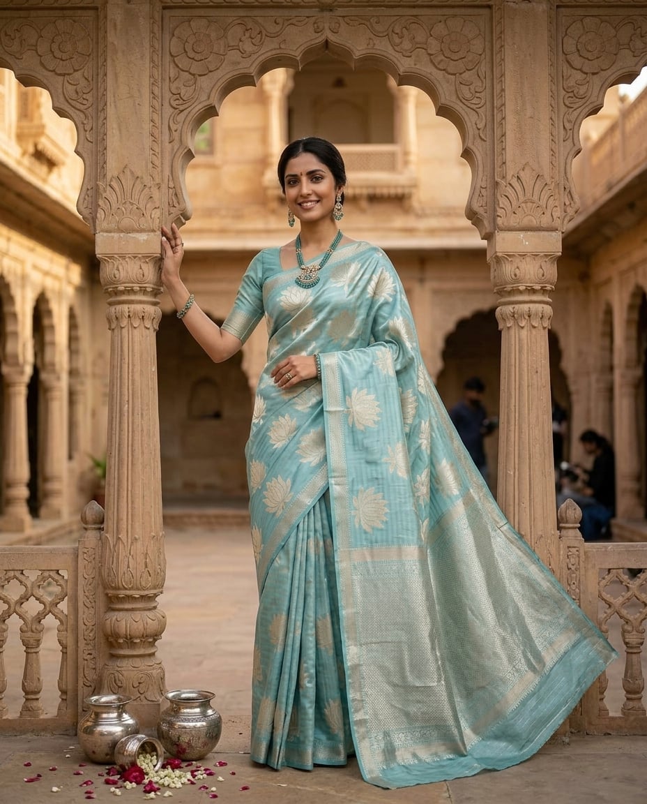 Powder Blue Lotus Silver Zari Saree — powder blue & silver saree with art silk with silver zari
