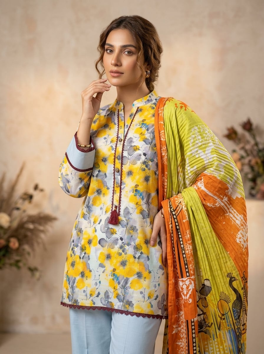 Model in a short marigold floral tunic with pale blue trousers and a peacock-print dupatta, in daylight.
