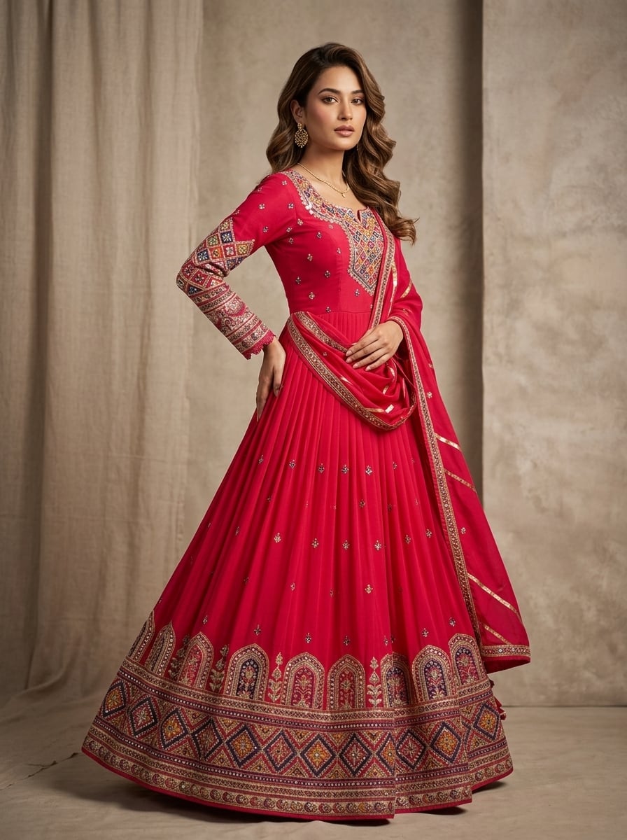 Model in a rani pink anarkali lehenga with a multicolour embroidered yoke, full-length embroidered sleeves and a gold-edged dupatta, against a neutral backdrop.