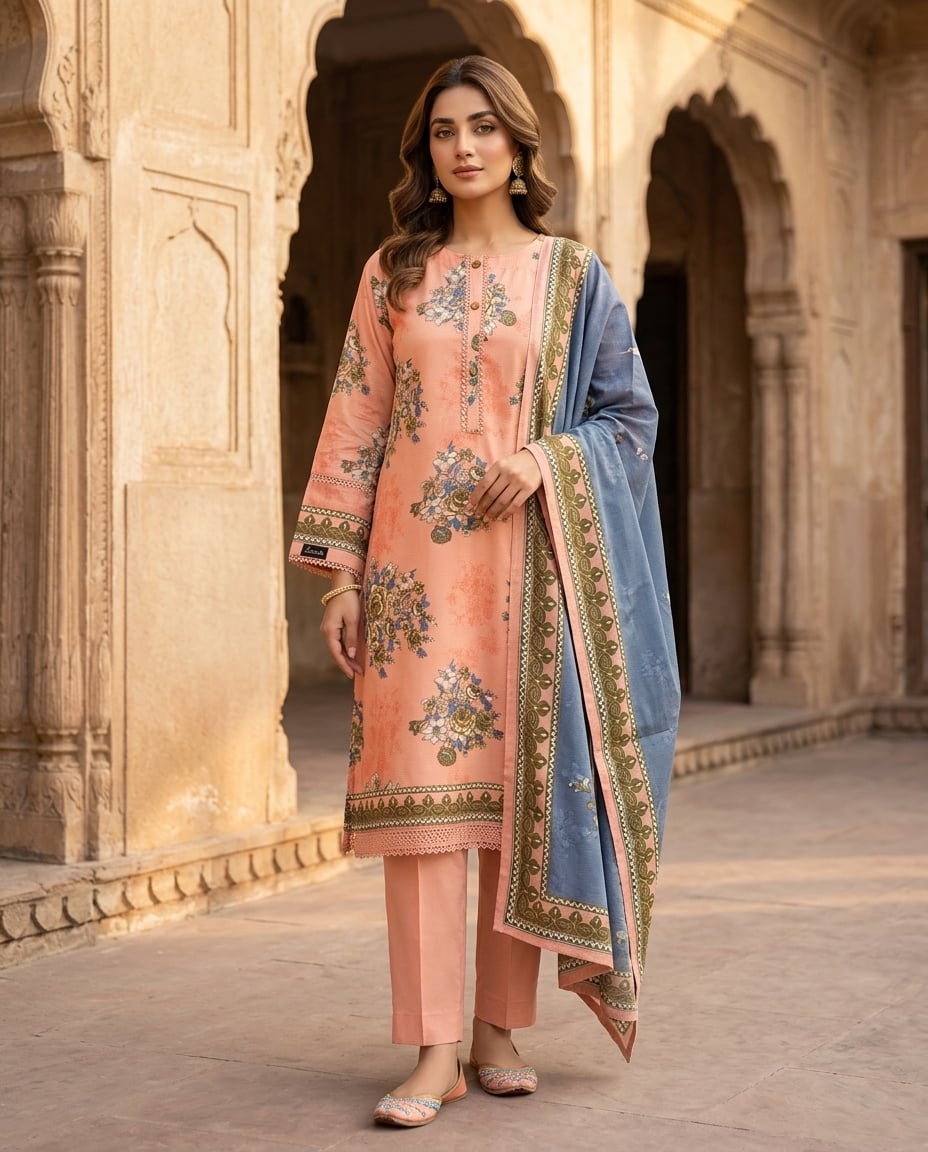 Model in a peach kurta with blue floral embroidery and a denim-blue dupatta, in a courtyard.