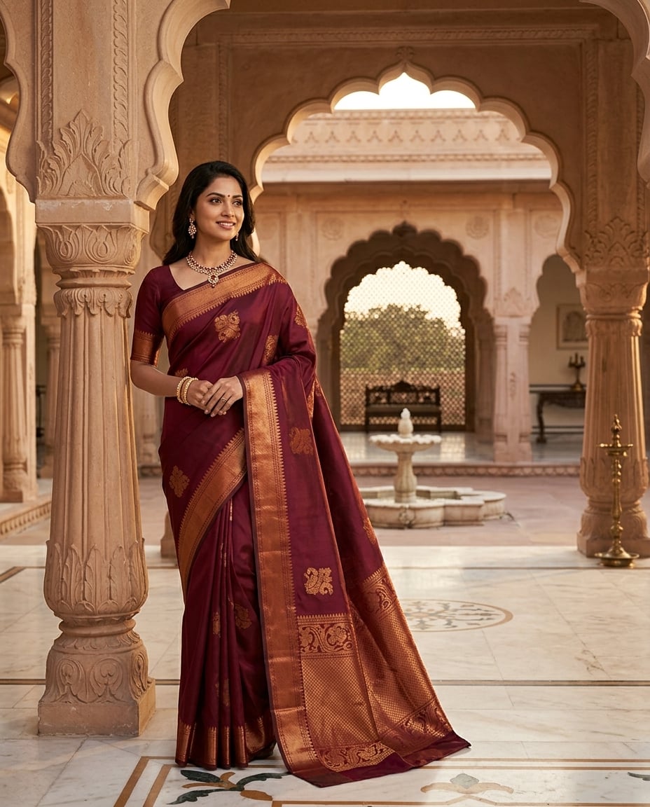 Wine & Antique Gold Buti Saree — wine & antique gold saree with art silk with antique gold zari