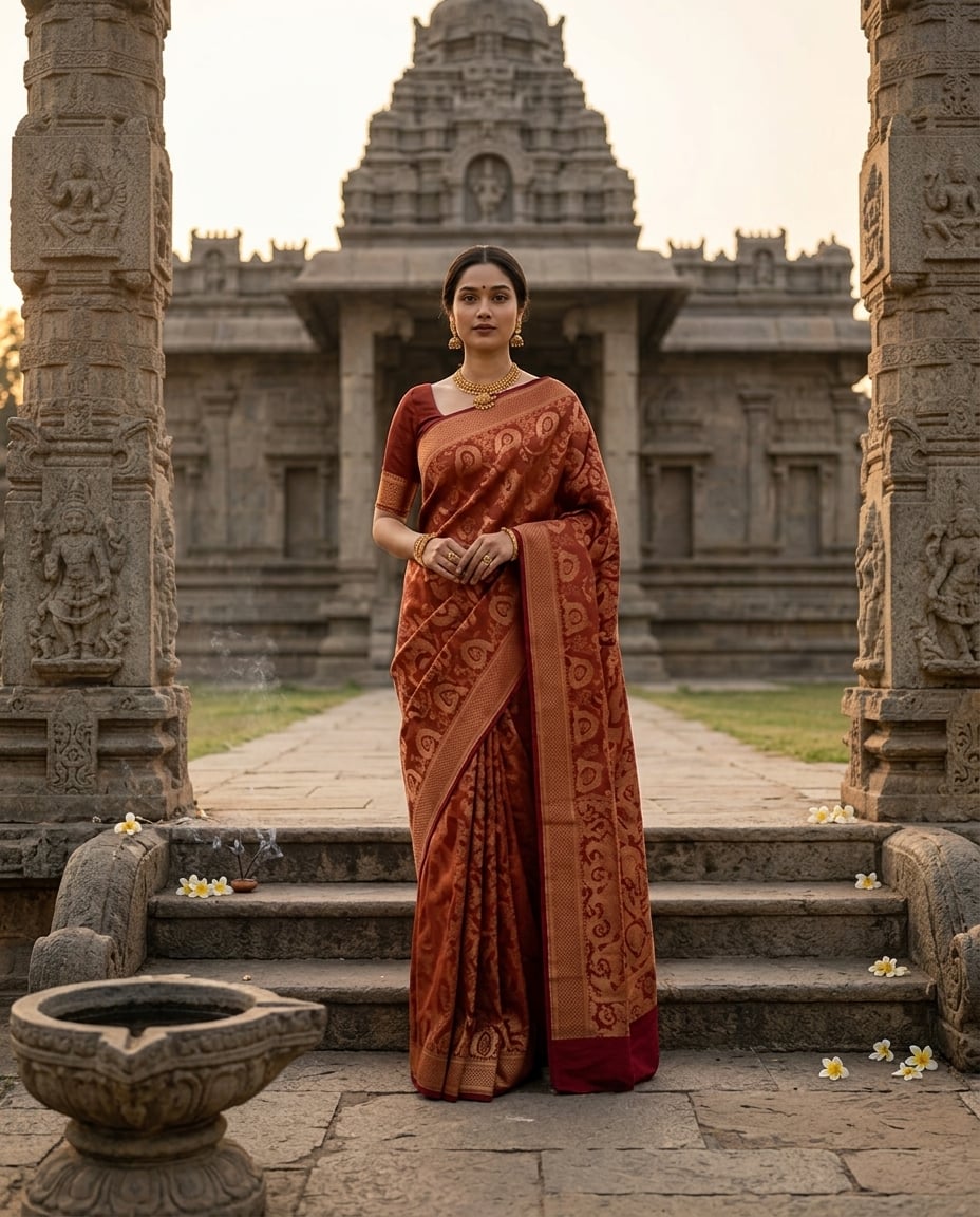 Rust Paisley Temple Saree — rust & deep red saree with art silk with gold zari