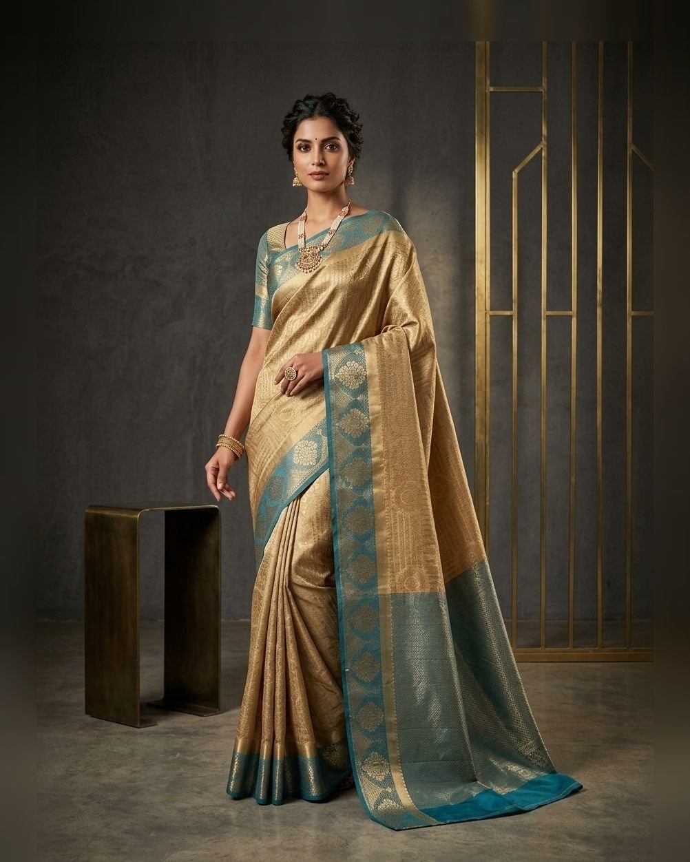 Antique Gold Teal Border Saree — Antique gold & teal saree with tissue silk