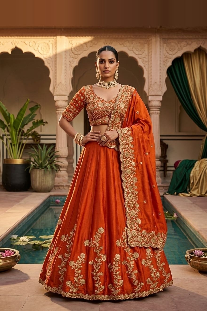 Burnt Orange Gold Work Lehenga — Burnt orange lehenga with silk blend with embroidered net dupatta