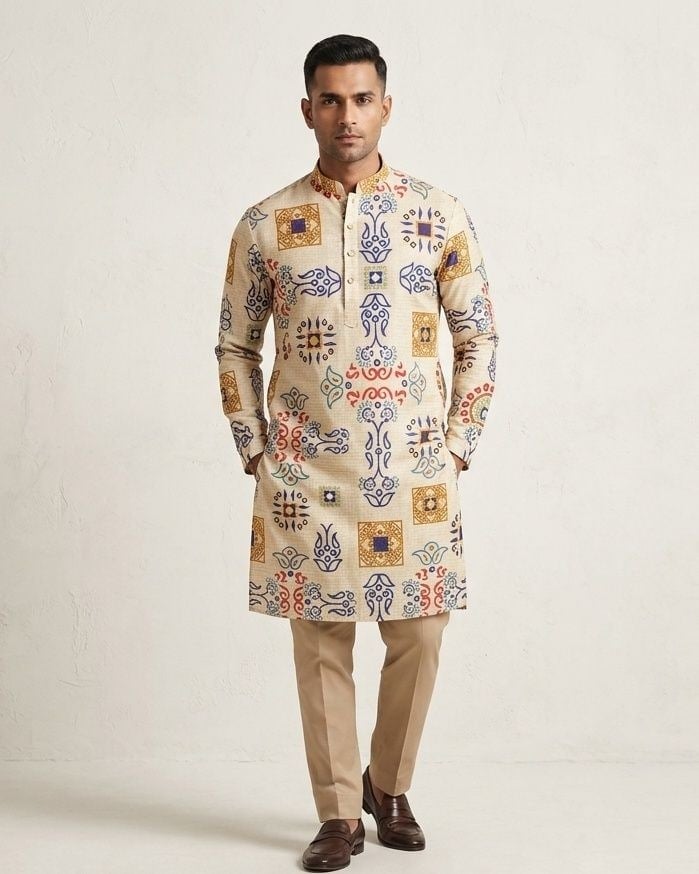 Ecru Folk Motif Kurta Set — Ecru lehenga with cotton