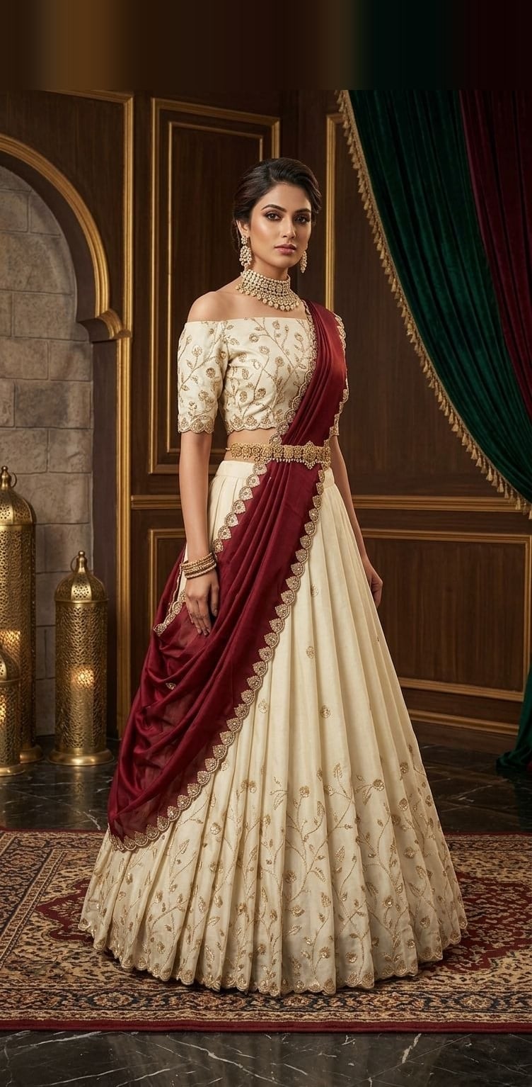 Ivory & Wine Velvet Lehenga — Ivory & wine lehenga with raw silk with velvet dupatta