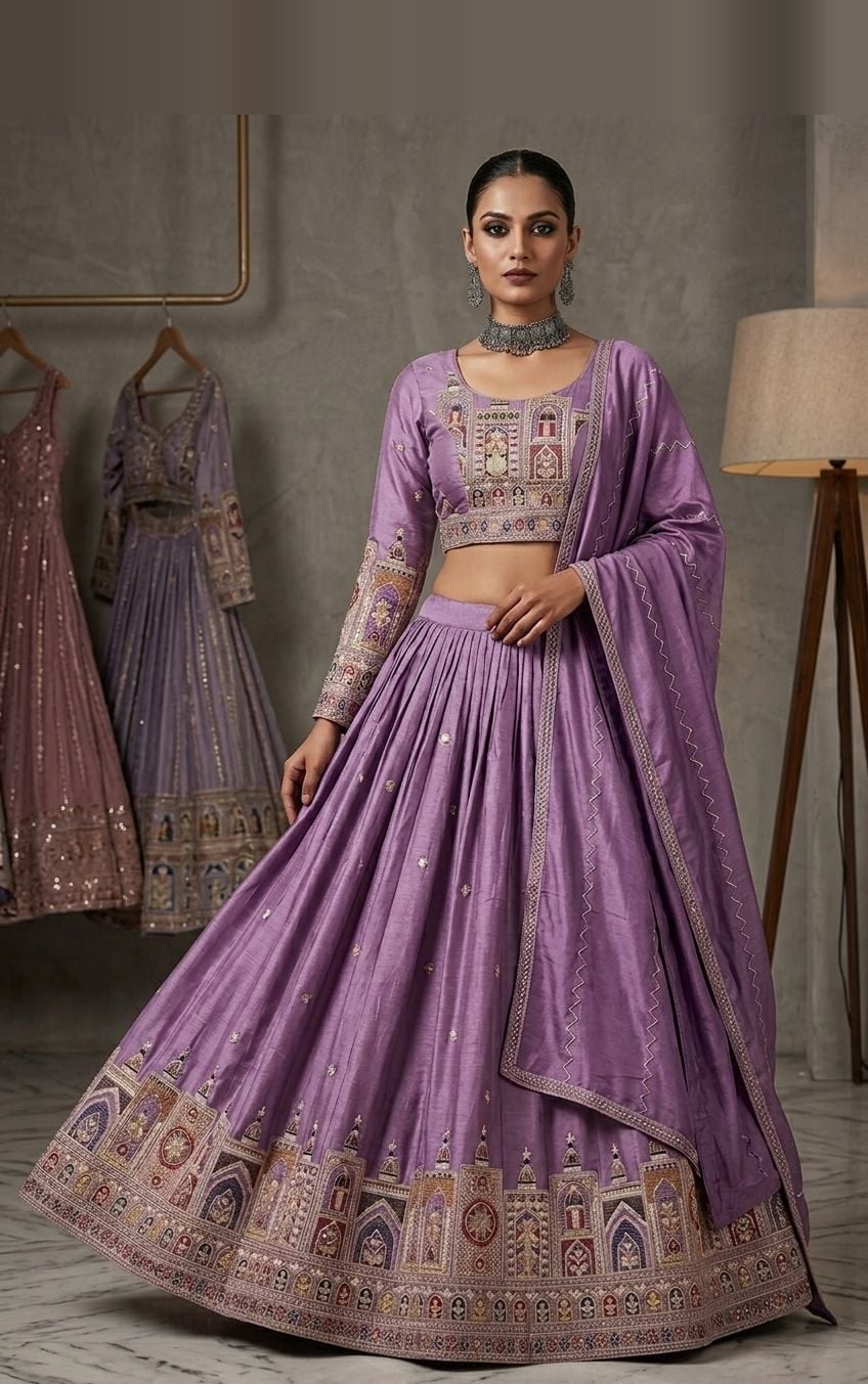 Lilac Haveli Border Lehenga — Lilac lehenga with art silk with embroidered border