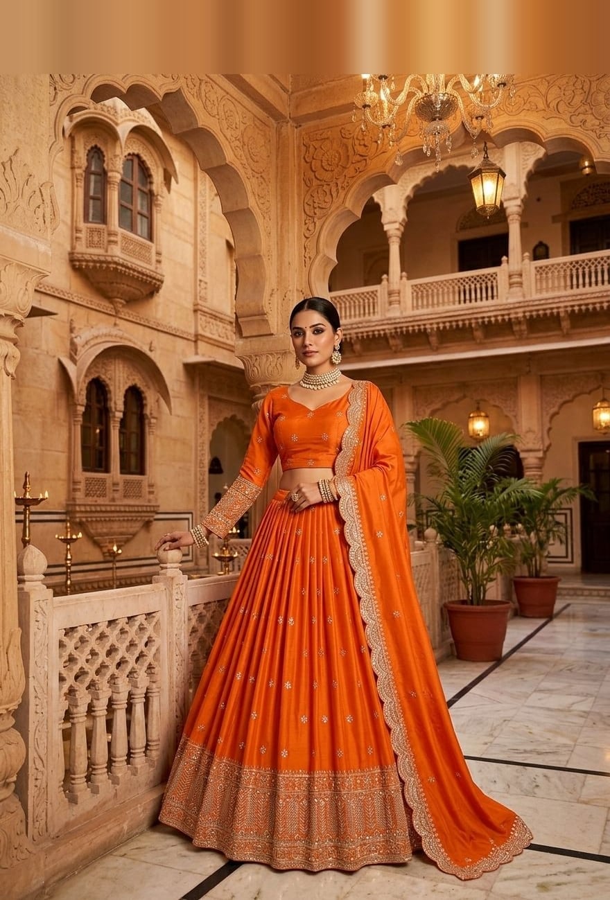Marigold Orange Embroidered Lehenga — Marigold orange lehenga with georgette with net dupatta