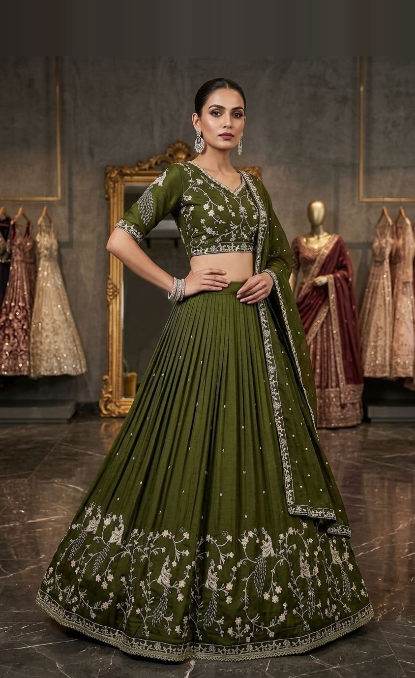 Olive Green Silver Embroidered Lehenga — Olive green lehenga with art silk with silver embroidery