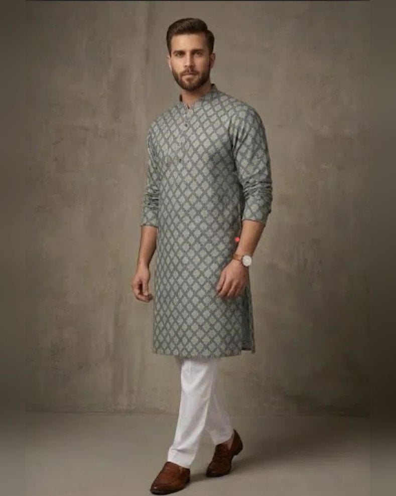Sage Lattice Print Kurta Pyjama — Sage green lehenga with cotton blend