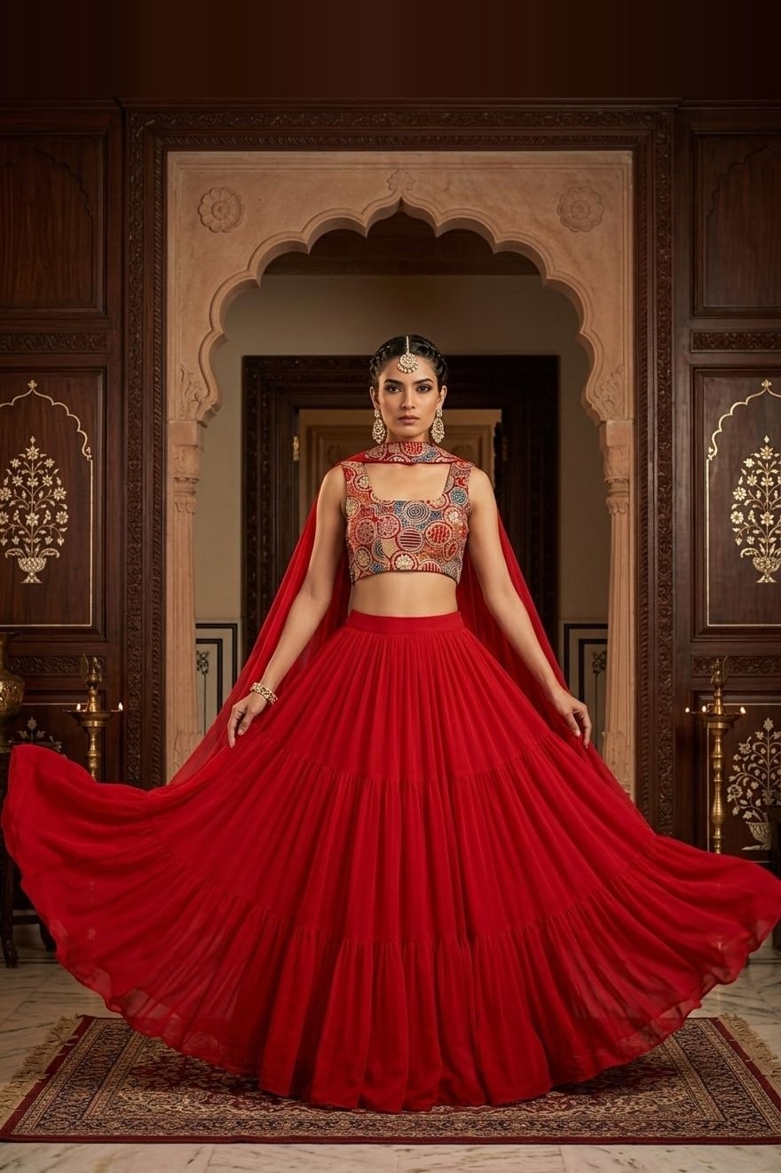 Sindoor Red Ruffle Lehenga — Sindoor red lehenga with georgette with printed and embroidered blouse