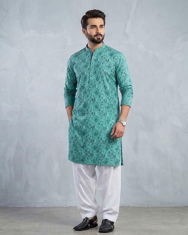 Teal Geometric Print Kurta Pyjama — Deep teal lehenga with cotton blend