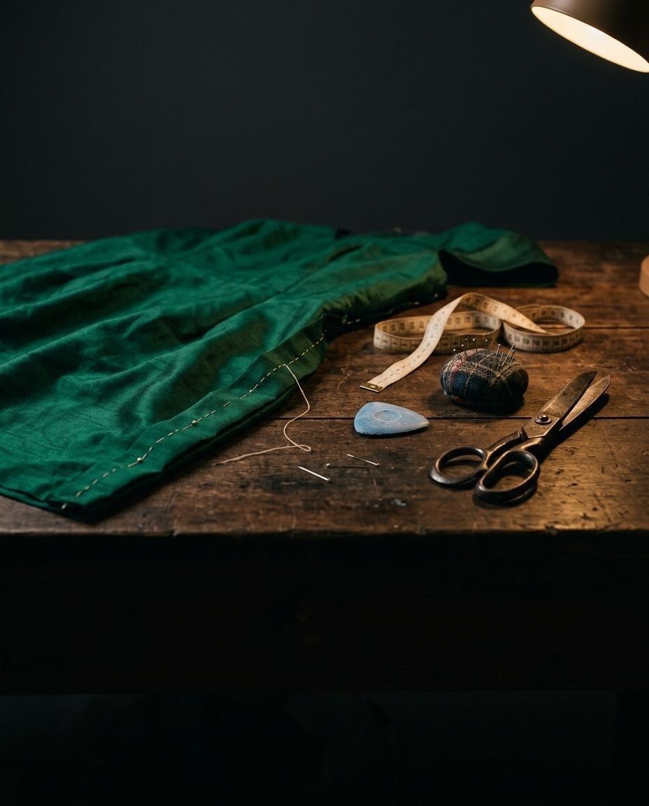 A tailor's worktable: emerald silk pinned at the hem, shears, chalk and a measuring tape under a work lamp