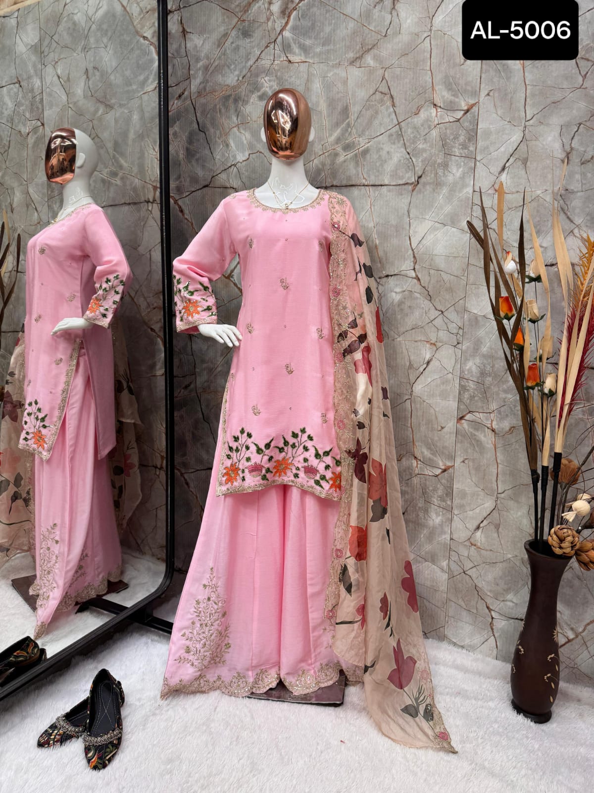 EXCLUSIVE DESIGNER HEAVY CHINON WITH SEQUANCE EMBROIDERY WORK SUIT WITH FULL FLAIR WORK GHARARA AND DUPATTA