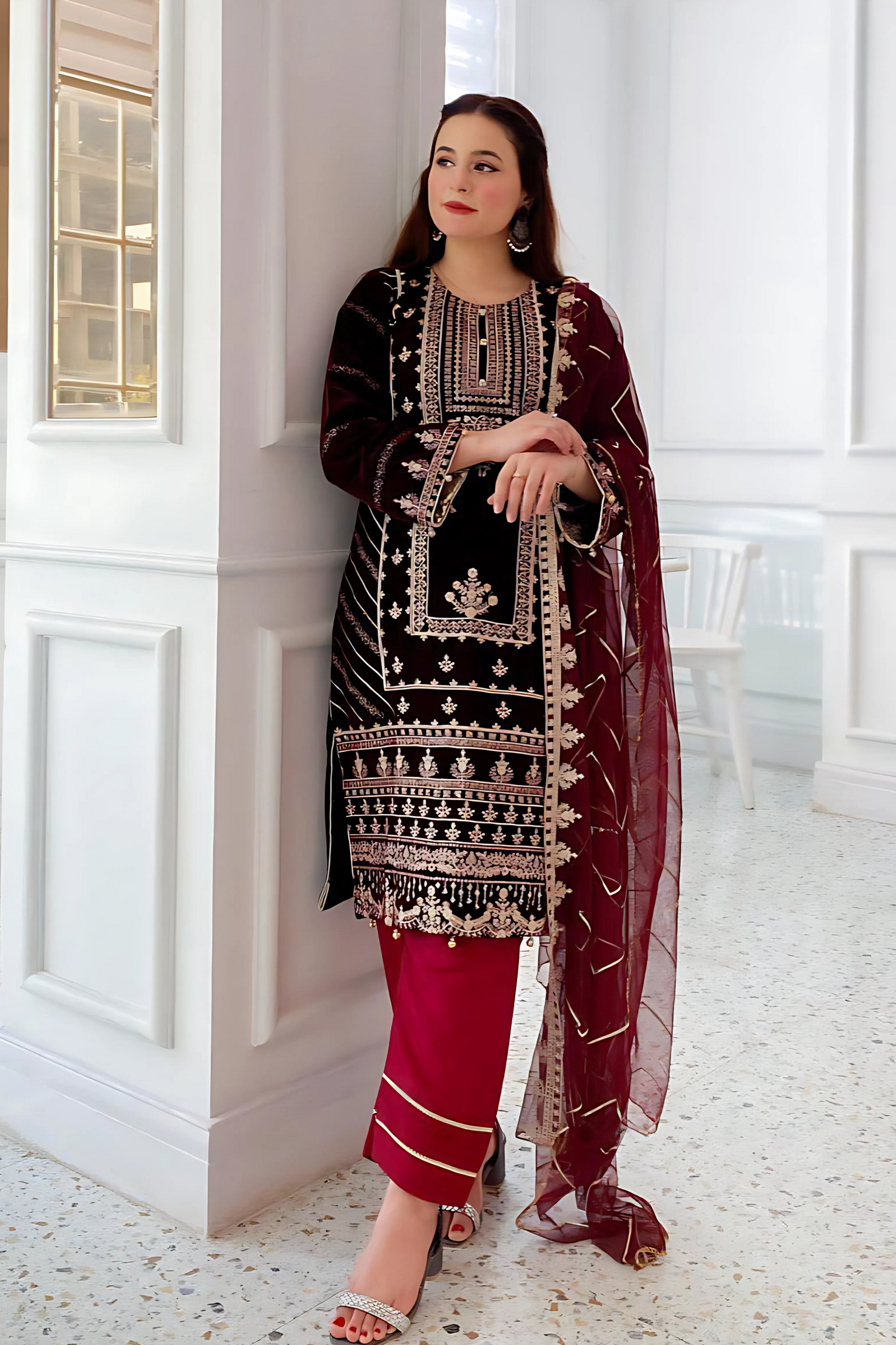 VELVET CORDING SEQUENCE EMBROIDERY WORK SUIT WITH DUPATTA