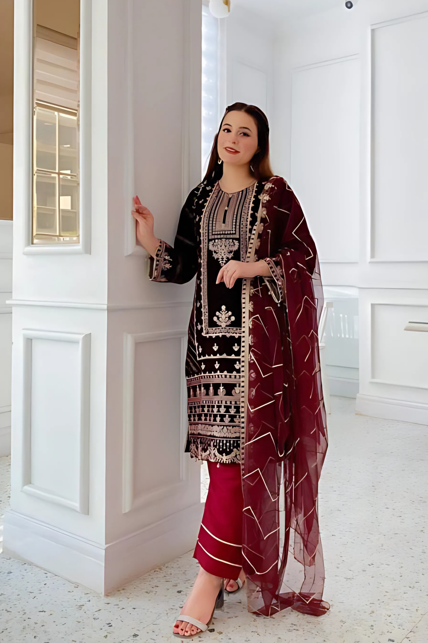 VELVET CORDING SEQUENCE EMBROIDERY WORK SUIT WITH DUPATTA