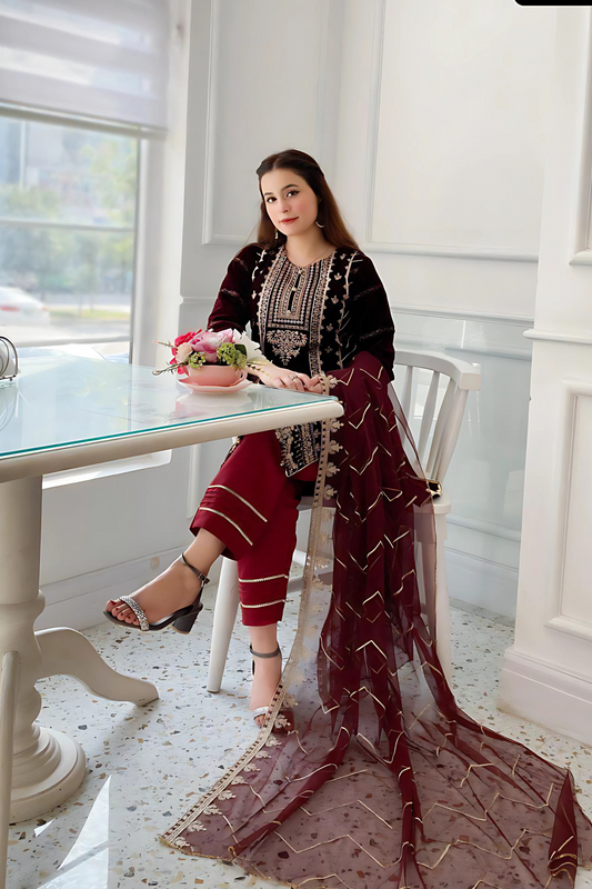 VELVET CORDING SEQUENCE EMBROIDERY WORK SUIT WITH DUPATTA